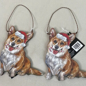 Corgi Red Santa Hat Dog Holiday‎ Christmas Wood Ornament Wire Hanger NEW 2 Set